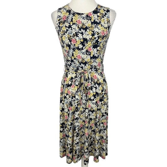 CHARTER CLUB | Navy White Yellow Sleeveless Floral Belted A-Line Midi Dress XS - Picture 1 of 15
